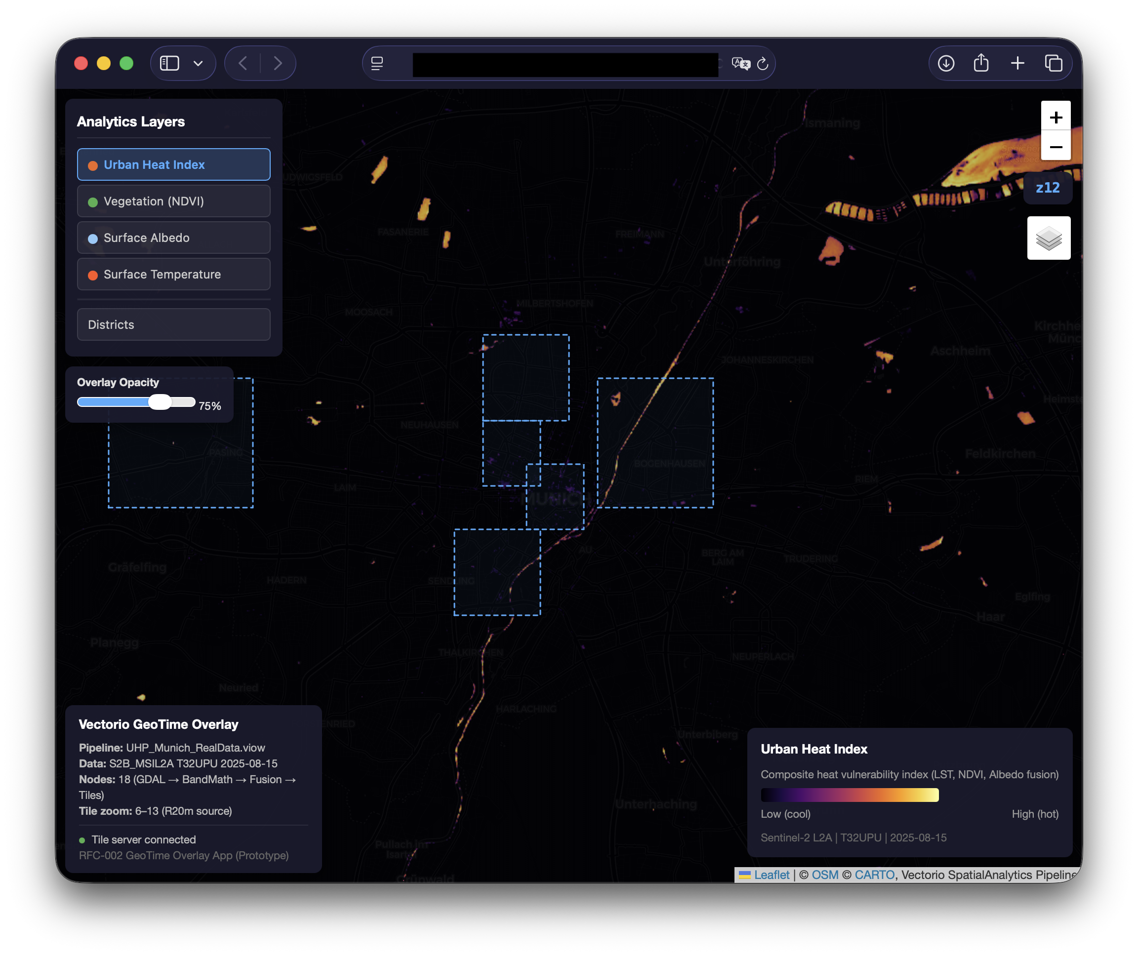 Urban Heat Index — composite heat-vulnerability map overlaid on Munich