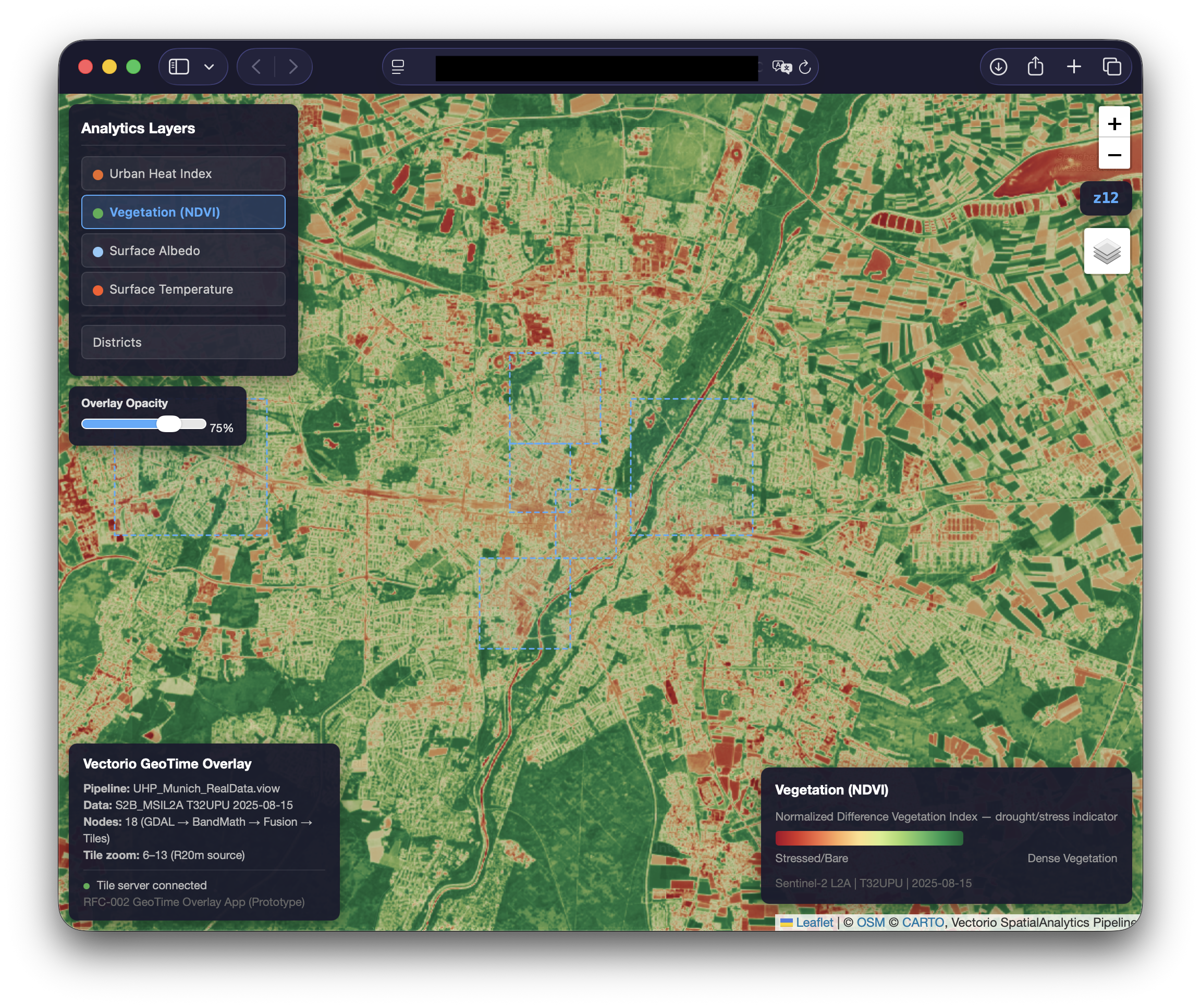 Vegetation NDVI — green = dense vegetation, red = stressed/bare